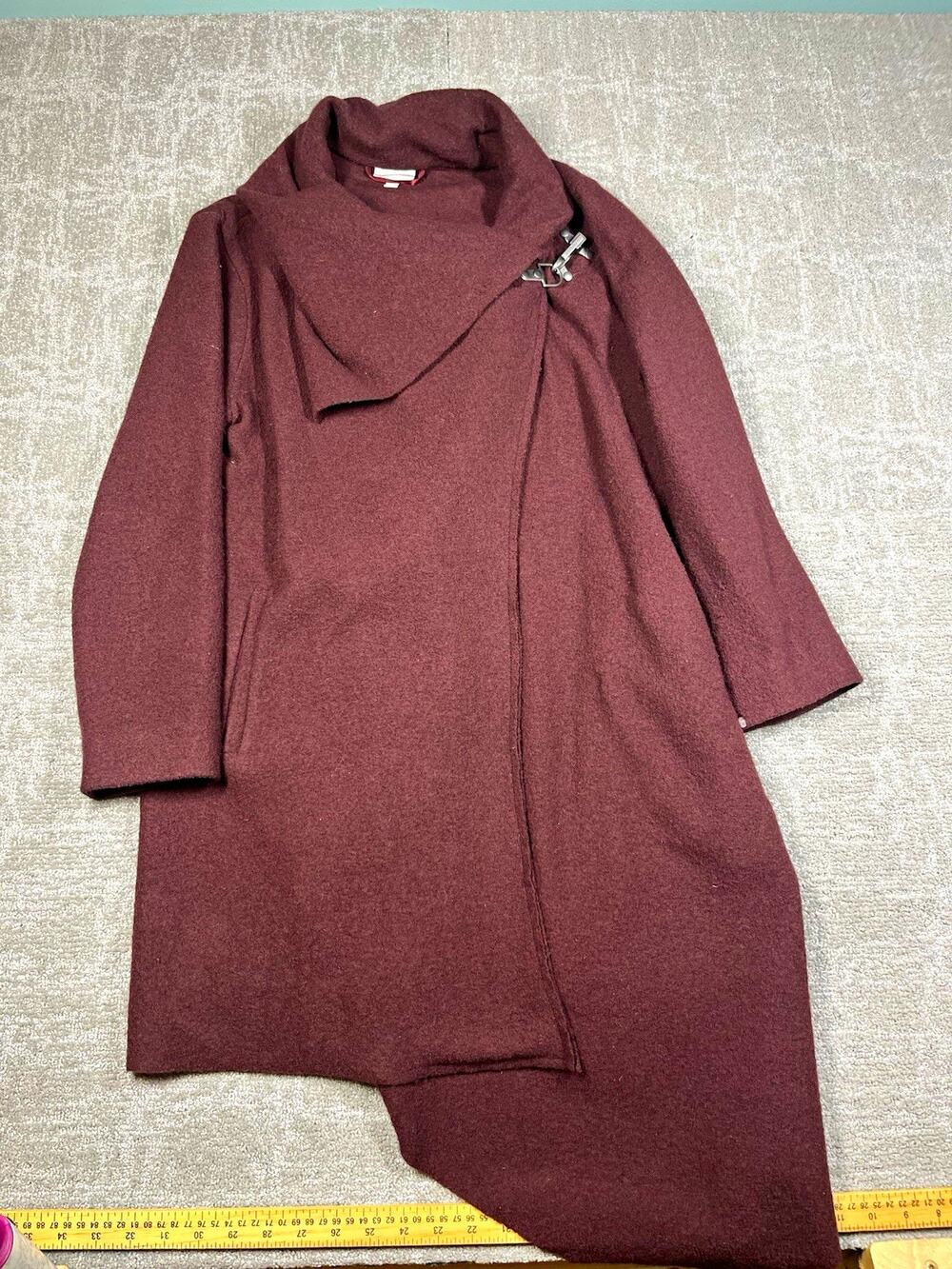 Garnet Hill Boiled Wool Burgundy Wrap Coat Buckle Collared Mid-Length Jacket 8